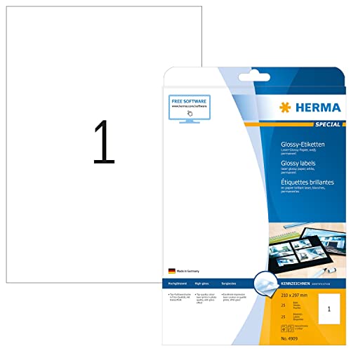 HERMA 4909 Hochglanz Etiketten, 25 Blatt, 210 x 297 mm, 1 pro A4 Bogen, 25 Stück, selbstklebend, bedruckbar, glänzend, blanko Glossy Papier Klebeetiketten Aufkleber, weiß von HERMA