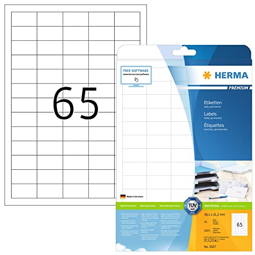 HERMA 5027 Universal Etiketten, 800 Blatt, 38,1 x 21,2 mm, 65 pro A4 Bogen, 52000 Stück, selbstklebend, bedruckbar, matt, blanko Papier Klebeetiketten Aufkleber, weiß von HERMA