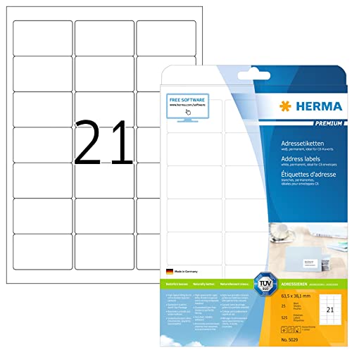 HERMA 5029 Adressetiketten, 25 Blatt, 63,5 x 38,1 mm, 21 pro A4 Bogen, 525 Stück, selbstklebend, bedruckbar, matt, blanko Papier Adressaufkleber Etiketten, weiß von HERMA