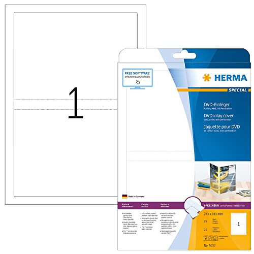 HERMA 5037 CD DVD Einleger für Jewel Case Hüllen perforiert, 25 Blatt, 273 x 183 mm, 1 pro A4 Bogen, 25 Stück, bedruckbar, matt, blanko Papier-Cover Inlays, weiß von HERMA