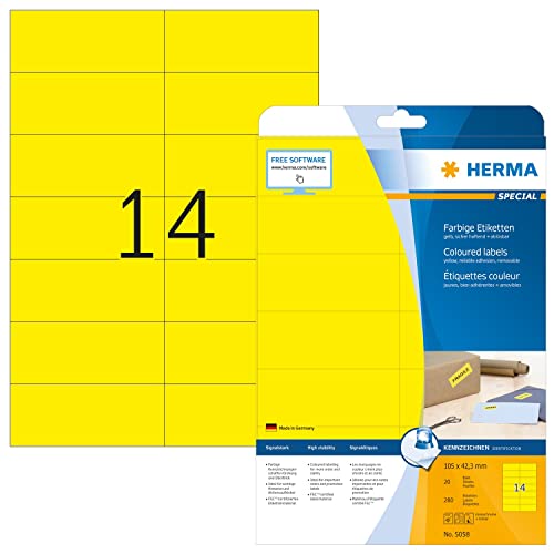 HERMA 5058 Farbige Etiketten gelb ablösbar, 20 Blatt, 105 x 42,3 mm, 14 pro A4 Bogen, 280 Stück, selbstklebend, bedruckbar, matt, blanko Papier Farbetiketten Aufkleber von HERMA