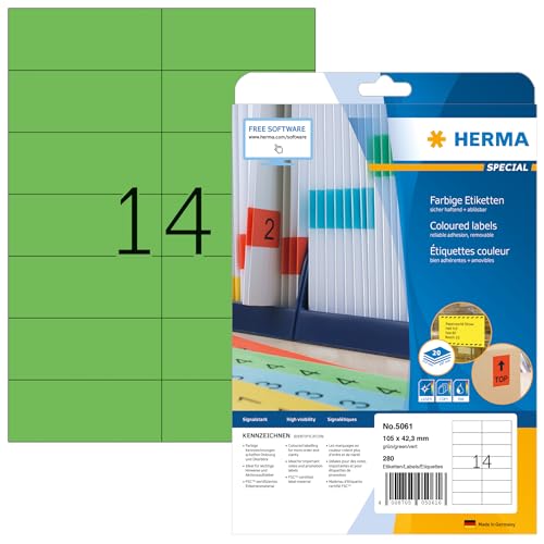 HERMA 5061 Farbige Etiketten grün ablösbar, 640 Blatt, 105 x 42,3 mm, 14 pro A4 Bogen, 8960 Stück, selbstklebend, bedruckbar, matt, blanko Papier Farbetiketten Aufkleber HERMA 5061 Farbige Etiketten grün ablösbar, 640 Blatt, 105 x 42,3 mm, 14 pro A4 Bogen, 8960 Stück, selbstklebend, bedruckbar, matt, blanko Papier Farbetiketten Aufkleber von HERMA