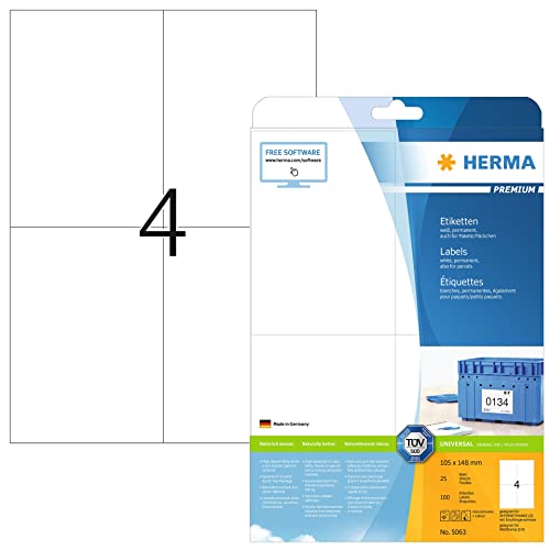 HERMA 5063 Versandetiketten, 25 Blatt, 105 x 148 mm, 4 pro A4 Bogen, 100 Stück, selbstklebend, bedruckbar, matt, blanko Papier Adressetiketten Aufkleber, weiß von HERMA