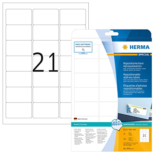 HERMA 5074 Universal Etiketten ablösbar, 25 Blatt, 63,5 x 38,1 mm, 21 pro A4 Bogen, 525 Stück, selbstklebend, bedruckbar, matt, blanko Papier Klebeetiketten Aufkleber, weiß von HERMA