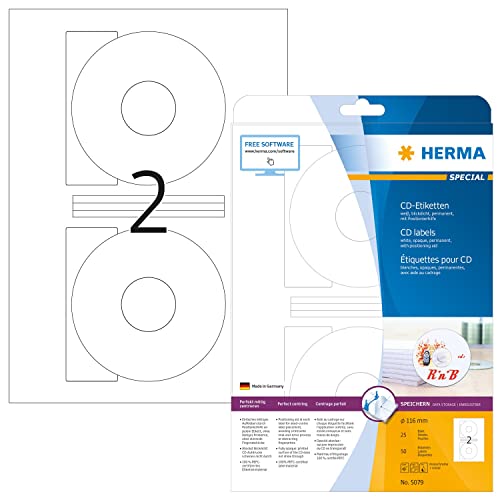 HERMA 5079 CD DVD Etiketten inkl. Zentrierhilfe blickdicht, 25 Blatt, Ø 116 mm, 2 pro A4 Bogen, 50 Stück, selbstklebend, bedruckbar, matt, blanko Papier Klebeetiketten Aufkleber, weiß von HERMA