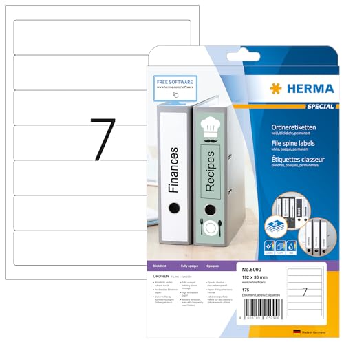 HERMA 5090 Ordnerrücken Etiketten kurz schmal, 25 Blatt, 192 x 38 mm, 7 pro A4 Bogen, 175 Stück, selbstklebend, bedruckbar, blickdicht, blanko Papier Ordneretiketten Rückenschilder Aufkleber, weiß HERMA 5090 Ordnerrücken Etiketten kurz schmal, 25 Blatt, 192 x 38 mm, 7 pro A4 Bogen, 175 Stück, selbstklebend, bedruckbar, blickdicht, blanko Papier Ordneretiketten Rückenschilder Aufkleber, weiß von HERMA