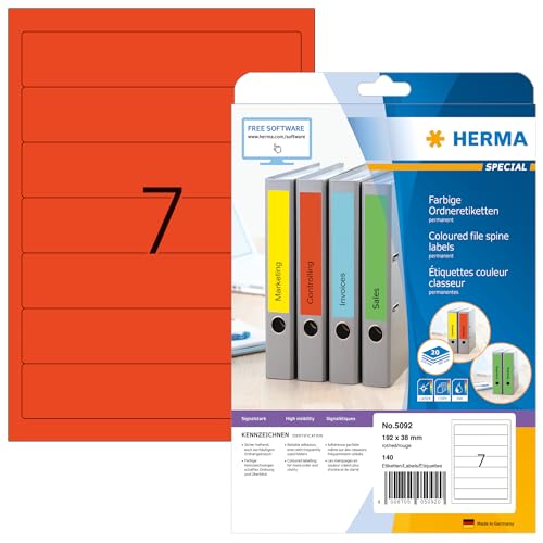 HERMA 5092 Ordnerrücken Etiketten kurz schmal, 20 Blatt, 192 x 38 mm, 7 pro A4 Bogen, 140 Stück, selbstklebend, bedruckbar, blickdicht, blanko Papier Ordneretiketten Rückenschilder Aufkleber, rot HERMA 5092 Ordnerrücken Etiketten kurz schmal, 20 Blatt, 192 x 38 mm, 7 pro A4 Bogen, 140 Stück, selbstklebend, bedruckbar, blickdicht, blanko Papier Ordneretiketten Rückenschilder Aufkleber, rot von HERMA