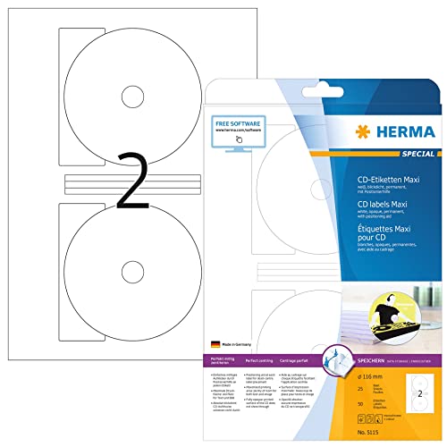 HERMA 5115 CD DVD Etiketten inkl. Zentrierhilfe blickdicht, 800 Blatt, Ø 116 mm MAXI, 2 pro A4 Bogen, 1600 Stück, selbstklebend, bedruckbar, matt, blanko Papier Klebeetiketten Aufkleber, weiß von HERMA