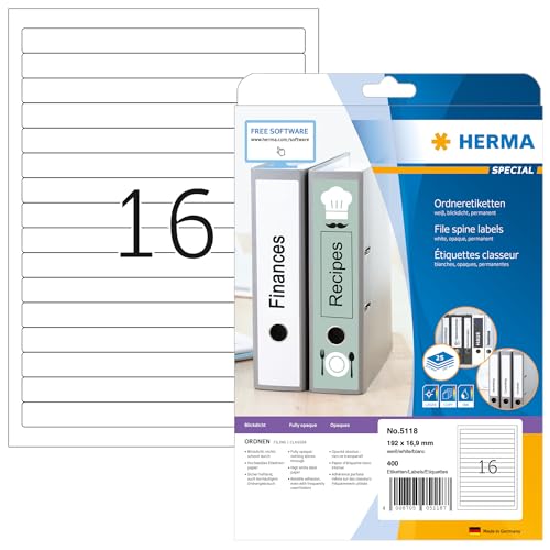 HERMA 5118 Ordnerrücken Etiketten kurz, 25 Blatt, 192 x 16,9 mm, 16 pro A4 Bogen, 400 Stück, selbstklebend, bedruckbar, blickdicht, blanko Papier Ordneretiketten Rückenschilder Aufkleber, weiß HERMA 5118 Ordnerrücken Etiketten kurz, 25 Blatt, 192 x 16,9 mm, 16 pro A4 Bogen, 400 Stück, selbstklebend, bedruckbar, blickdicht, blanko Papier Ordneretiketten Rückenschilder Aufkleber, weiß von HERMA