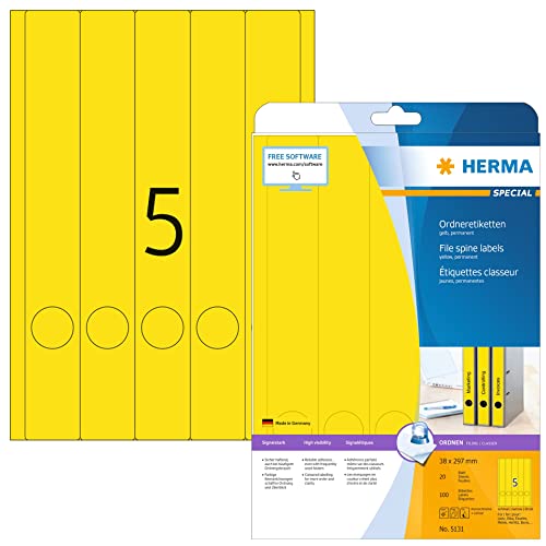 HERMA 5131 Ordnerrücken Etiketten lang schmal, 20 Blatt, 38 x 297 mm, 5 pro A4 Bogen, 100 Stück, selbstklebend, bedruckbar, blickdicht, blanko Papier Ordneretiketten Rückenschilder Aufkleber, gelb von HERMA