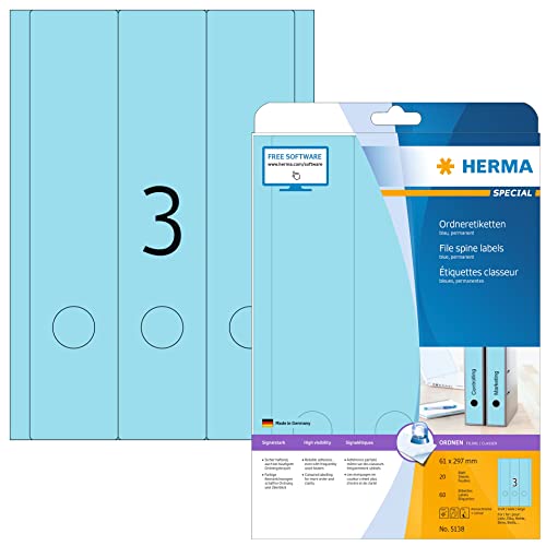 HERMA 5138 Ordnerrücken Etiketten lang breit, 20 Blatt, 61 x 297 mm, 3 pro A4 Bogen, 60 Stück, selbstklebend, bedruckbar, blickdicht, blanko Papier Ordneretiketten Rückenschilder Aufkleber, blau von HERMA