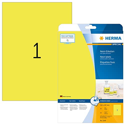 HERMA 5148 Farbige Etiketten neon gelb, 20 Blatt, 210 x 297 mm, 1 pro A4 Bogen, 20 Stück, selbstklebend, bedruckbar, matt, blanko Papier Neon-Etiketten Farbaufkleber von HERMA