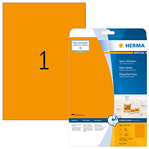 HERMA 5149 Farbige Etiketten neon orange, 640 Blatt, 210 x 297 mm, 1 pro A4 Bogen, 640 Stück, selbstklebend, bedruckbar, matt, blanko Papier Neon-Etiketten Farbaufkleber von HERMA