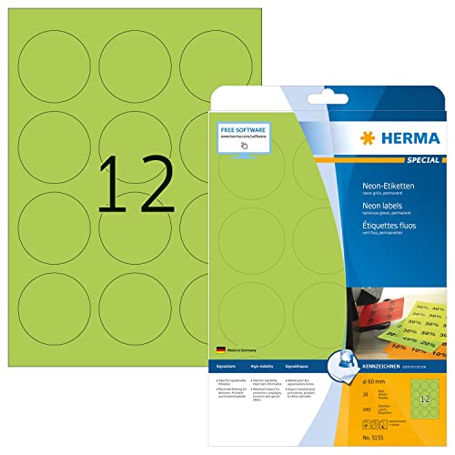 HERMA 5155 Farbige Etiketten rund neon grün, 20 Blatt, Ø 60 mm, 12 pro A4 Bogen, 240 Stück, selbstklebend, bedruckbar, matt, blanko Papier Neon-Etiketten Farbaufkleber von HERMA