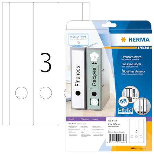 HERMA 5159 Ordnerrücken Etiketten lang breit, 800 Blatt, 59 x 297 mm, 3 pro A4 Bogen, 2400 Stück, selbstklebend, bedruckbar, blickdicht, blanko Papier Ordneretiketten Rückenschilder Aufkleber, weiß HERMA 5159 Ordnerrücken Etiketten lang breit, 800 Blatt, 59 x 297 mm, 3 pro A4 Bogen, 2400 Stück, selbstklebend, bedruckbar, blickdicht, blanko Papier Ordneretiketten Rückenschilder Aufkleber, weiß von HERMA