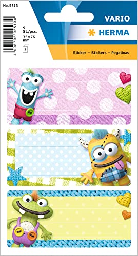 HERMA 5513 Buchetiketten zum Beschriften Kleine Monster, 9 Stück, 76 x 35 mm, selbstklebend, liniert, Buchaufkleber für Schule Kinder Mädchen Jungen, mehrfarbige Heftetiketten Aufkleber, bunt HERMA 5513 Buchetiketten zum Beschriften Kleine Monster, 9 Stück, 76 x 35 mm, selbstklebend, liniert, Buchaufkleber für Schule Kinder Mädchen Jungen, mehrfarbige Heftetiketten Aufkleber, bunt von HERMA