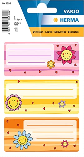 HERMA 5593 Buchetiketten zum Beschriften Blumengesichter, 9 Stück, 76 x 35 mm, selbstklebend, liniert, Buchaufkleber für Schule Kinder Mädchen Jungen, mehrfarbige Heftetiketten Aufkleber, bunt HERMA 5593 Buchetiketten zum Beschriften Blumengesichter, 9 Stück, 76 x 35 mm, selbstklebend, liniert, Buchaufkleber für Schule Kinder Mädchen Jungen, mehrfarbige Heftetiketten Aufkleber, bunt von HERMA