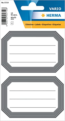 HERMA 5719 Buchetiketten zum Beschriften neutral grauer Rand, 12 Stück, 82 x 55 mm, selbstklebend, liniert, Buchaufkleber für Schule Kinder Mädchen Jungen, blanko Heftetiketten Aufkleber, weiß von HERMA