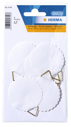 HERMA 5749 Bildaufhänger zum Kleben weiß groß, 6 Stück, Ø 55 mm, selbstklebend, Drahtseil Bildaufhängung ohne Bohren für die Wand, starke Papier Draht Aufhänger für Bilder Bilderrahmen bis 1200 g HERMA 5749 Bildaufhänger zum Kleben weiß groß, 6 Stück, Ø 55 mm, selbstklebend, Drahtseil Bildaufhängung ohne Bohren für die Wand, starke Papier Draht Aufhänger für Bilder Bilderrahmen bis 1200 g von HERMA
