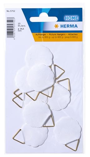 HERMA 5752 Bildaufhänger zum Kleben weiß klein, 10 Stück, Ø 34,5 mm, selbstklebend, Drahtseil Bildaufhängung ohne Bohren für die Wand, starke Papier Draht Aufhänger für Bilder Bilderrahmen bis 800 g von HERMA