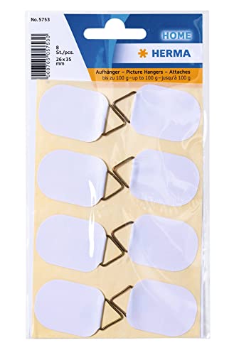 HERMA 5753 Bildaufhänger zum Kleben weiß klein, 8 Stück, 26 x 35 mm, selbstklebend, Drahtseil Bildaufhängung ohne Bohren für die Wand, starke Papier Draht Aufhänger für Bilder Bilderrahmen bis 100 g HERMA 5753 Bildaufhänger zum Kleben weiß klein, 8 Stück, 26 x 35 mm, selbstklebend, Drahtseil Bildaufhängung ohne Bohren für die Wand, starke Papier Draht Aufhänger für Bilder Bilderrahmen bis 100 g von HERMA