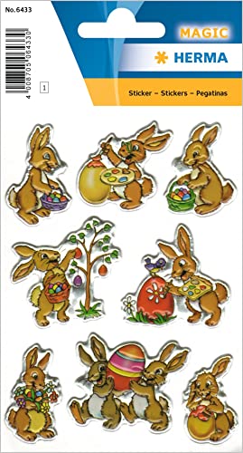 HERMA 6433 Ostern Sticker für Kinder, Hasen (8 Aufkleber, Kunststoff, mit Prägung) selbstklebend, permanent haftende Motiv Etiketten zur Deko für Mädchen und Jungen, bunt von HERMA