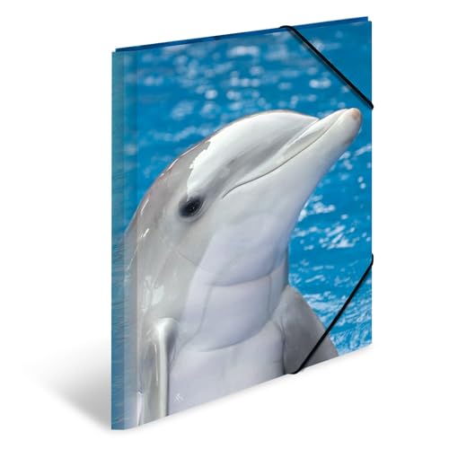 HERMA 7146 Sammelmappe A3 Tiere Delfine, Kinder Eckspanner-Mappe aus Kunststoff mit Innendruck & Gummizug, stabile Einschlagmappe aus Plastik für Jungen & Mädchen von HERMA