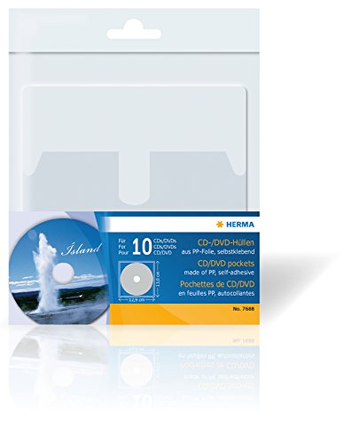 HERMA 7688 CD DVD Hüllen für Ordner zum Aufkleben, 10 Stück, 129 x 130 mm, Sichthüllen mit vollflächig selbstklebender Rückseite und Sicherheitslasche, transparent von HERMA