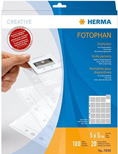 HERMA 7699 Diahüllen für gerahmte Dias, 100 Stück, 5x5 cm, 20 Fächer geteilt, klar/matt, beidseitig sichtbar, Fotophan Fotosichthüllen Sammelhüllen mit Eurolochung zur Dia-Archivierung, transparent HERMA 7699 Diahüllen für gerahmte Dias, 100 Stück, 5x5 cm, 20 Fächer geteilt, klar/matt, beidseitig sichtbar, Fotophan Fotosichthüllen Sammelhüllen mit Eurolochung zur Dia-Archivierung, transparent von HERMA