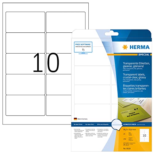 HERMA 8018 Wetterfeste Folienetiketten transparent, 25 Blatt, 96 x 50,8 mm, 10 pro A4 Bogen, 250 Stück, selbstklebend, bedruckbar, glänzend, blanko Klebeetiketten Aufkleber aus Folie, durchsichtig von HERMA