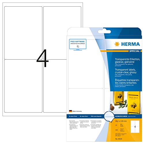 HERMA 8019 Wetterfeste Folienetiketten transparent, 25 Blatt, 99,1 x 139 mm, 4 pro A4 Bogen, 100 Stück, selbstklebend, bedruckbar, glänzend, blanko Klebeetiketten Aufkleber aus Folie, durchsichtig von HERMA