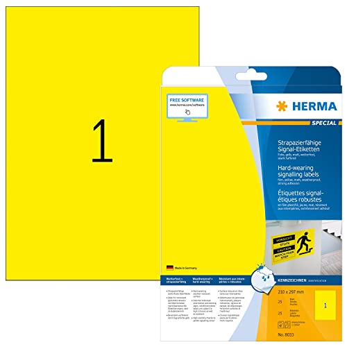 HERMA 8033 Wetterfeste Folienetiketten, 25 Blatt, 210 x 297 mm, 1 pro A4 Bogen, 25 Stück, selbstklebend, bedruckbar, matt, blanko Outdoor Signal-Etiketten Aufkleber aus Folie, gelb von HERMA