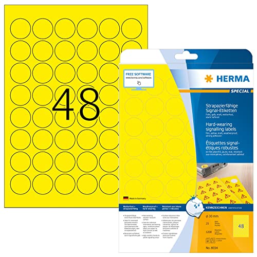 HERMA 8034 Wetterfeste Folienetiketten rund, 25 Blatt, Ø 30 mm, 48 pro A4 Bogen, 1200 Stück, selbstklebend, bedruckbar, matt, blanko Outdoor Signal-Etiketten Aufkleber aus Folie, gelb HERMA 8034 Wetterfeste Folienetiketten rund, 25 Blatt, Ø 30 mm, 48 pro A4 Bogen, 1200 Stück, selbstklebend, bedruckbar, matt, blanko Outdoor Signal-Etiketten Aufkleber aus Folie, gelb von HERMA