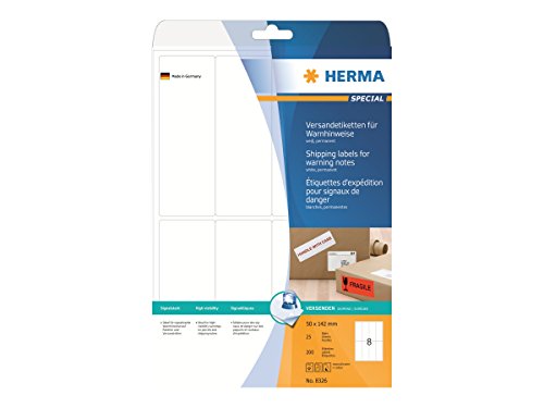 HERMA 8326 Warnhinweis Aufkleber, 25 Blatt, 50 x 142 mm, 8 pro A4 Bogen, 200 Stück, selbstklebend, bedruckbar, matt, blanko Papier Versandaufkleber Etiketten, weiß von HERMA