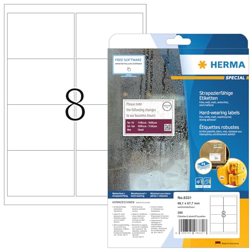 HERMA 8331 Wetterfeste Versandetiketten, 800 Blatt, 99,1 x 67,7 mm, 8 pro A4 Bogen, 6400 Stück, selbstklebend, bedruckbar, matt, blanko Adressetiketten Aufkleber aus Folie, weiß von HERMA