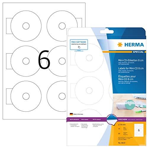 HERMA 8619 Mini CD Etiketten inkl. Zentrierhilfe blickdicht, 320 Blatt, Ø 78 mm, 6 pro A4 Bogen, 1920 Stück, selbstklebend, bedruckbar, matt, blanko Papier Klebeetiketten Aufkleber, weiß von HERMA