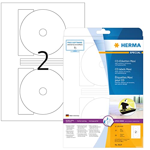 HERMA 8624 CD DVD Etiketten inkl. Zentrierhilfe blickdicht, 10 Blatt, Ø 116 mm MAXI, 2 pro A4 Bogen, 20 Stück, selbstklebend, bedruckbar, matt, blanko Papier Klebeetiketten Aufkleber, weiß von HERMA
