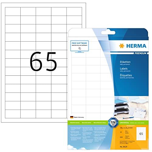 HERMA 8629 Universal Etiketten, 10 Blatt, 38,1 x 21,2 mm, 65 pro A4 Bogen, 650 Stück, selbstklebend, bedruckbar, matt, blanko Papier Klebeetiketten Aufkleber, weiß von HERMA