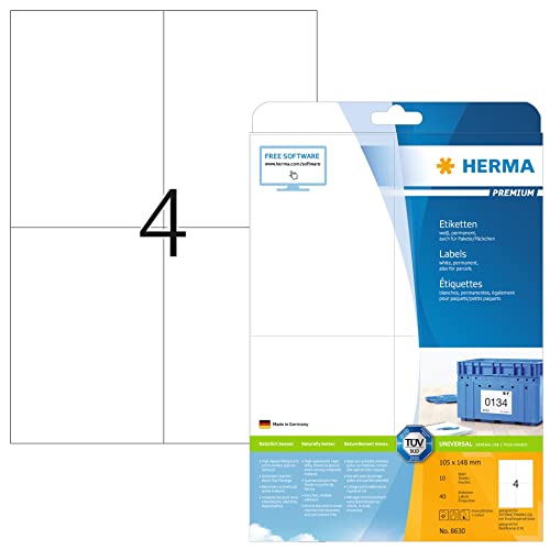 HERMA 8630 Versandetiketten, 10 Blatt, 105 x 148 mm, 4 pro A4 Bogen, 40 Stück, selbstklebend, bedruckbar, matt, blanko Papier Adressetiketten Aufkleber, weiß HERMA 8630 Versandetiketten, 10 Blatt, 105 x 148 mm, 4 pro A4 Bogen, 40 Stück, selbstklebend, bedruckbar, matt, blanko Papier Adressetiketten Aufkleber, weiß von HERMA