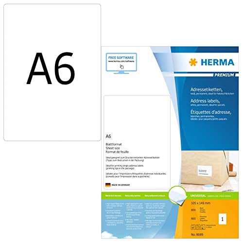 HERMA 8689 Universal Etiketten, 800 Blatt, 105 x 148 mm, 1 pro A6 Bogen, 800 Stück, selbstklebend, bedruckbar, matt, blanko Papier Klebeetiketten Aufkleber, weiß HERMA 8689 Universal Etiketten, 800 Blatt, 105 x 148 mm, 1 pro A6 Bogen, 800 Stück, selbstklebend, bedruckbar, matt, blanko Papier Klebeetiketten Aufkleber, weiß von HERMA