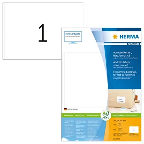 HERMA 8690 Universal Etiketten, 400 Blatt, 148,5 x 205 mm, 1 pro A5 Bogen, 400 Stück, selbstklebend, bedruckbar, matt, blanko Papier Klebeetiketten Aufkleber, weiß von HERMA