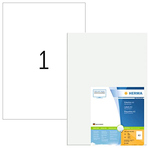 HERMA 8692 Universal Etiketten, 100 Blatt, 297 x 420 mm, 1 pro A3 Bogen, 100 Stück, selbstklebend, bedruckbar, matt, blanko Papier Klebeetiketten Aufkleber, weiß von HERMA