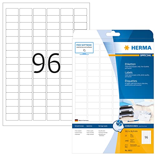HERMA 8832 Universal Etiketten für Inkjet Drucker, 25 Blatt, 30,5 x 16,9 mm, 96 pro A4 Bogen, 2400 Stück, selbstklebend, bedruckbar, matt, blanko Klebeetiketten Aufkleber für Tintenstrahldrucker, weiß von HERMA