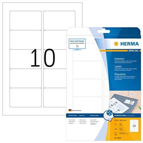 HERMA 8840 Universal Etiketten für Inkjet Drucker, 25 Blatt, 83,8 x 50,8 mm, 10 pro A4 Bogen, 250 Stück, selbstklebend, bedruckbar, matt, blanko Klebeetiketten Aufkleber für Tintenstrahldrucker, weiß von HERMA