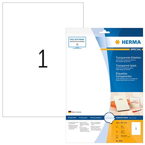 HERMA 8964 Folienetiketten für Inkjet Drucker transparent, 320 Blatt, 210 x 297 mm, 1 pro A4 Bogen, 320 Stück, selbstklebend bedruckbar glänzend blanko Klebeetiketten Aufkleber für Tintenstrahldrucker von HERMA