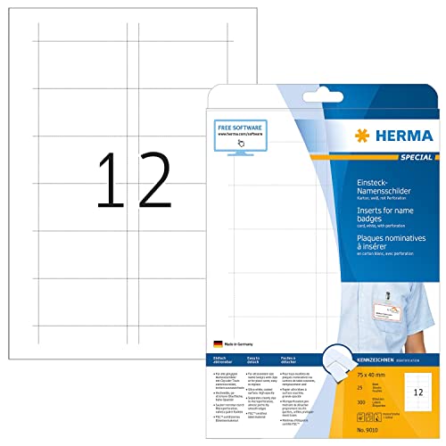 HERMA 9010 Namensschilder für Kleidung perforiert, 25 Blatt, 75 x 40 mm, 12 pro A4 Bogen, 300 Stück, bedruckbar, nicht klebende Karton Einsteckkarten mit Perforation, weiß von HERMA