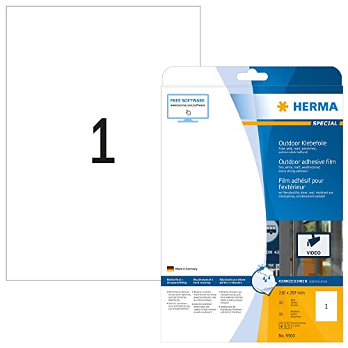 HERMA 9500 Wetterfeste Folienetiketten, 10 Blatt, 210 x 297 mm, 1 pro A4 Bogen, 10 Stück, selbstklebend, bedruckbar, matt, blanko Outdoor Klebeetiketten Aufkleber aus Polyethylen, weiß HERMA 9500 Wetterfeste Folienetiketten, 10 Blatt, 210 x 297 mm, 1 pro A4 Bogen, 10 Stück, selbstklebend, bedruckbar, matt, blanko Outdoor Klebeetiketten Aufkleber aus Polyethylen, weiß von HERMA