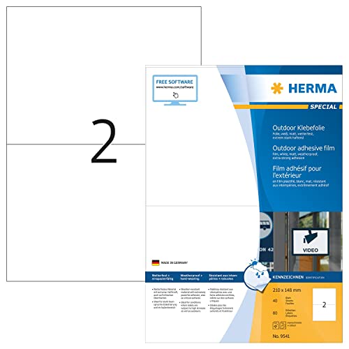 HERMA 9541 Wetterfeste Folienetiketten, 560 Blatt, 210 x 148 mm, 2 pro A4 Bogen, 1120 Stück, selbstklebend, bedruckbar, matt, blanko Outdoor Klebeetiketten Aufkleber aus Polyethylen, weiß von HERMA