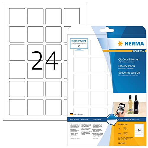 HERMA 9642 QR Code Etiketten blickdicht quadratisch, 25 Blatt, 40 x 40 mm, 24 pro A4 Bogen, 600 Stück, selbstklebend, bedruckbar, matt, blanko Papier QR-Code Klebeetiketten Aufkleber, weiß HERMA 9642 QR Code Etiketten blickdicht quadratisch, 25 Blatt, 40 x 40 mm, 24 pro A4 Bogen, 600 Stück, selbstklebend, bedruckbar, matt, blanko Papier QR-Code Klebeetiketten Aufkleber, weiß von HERMA