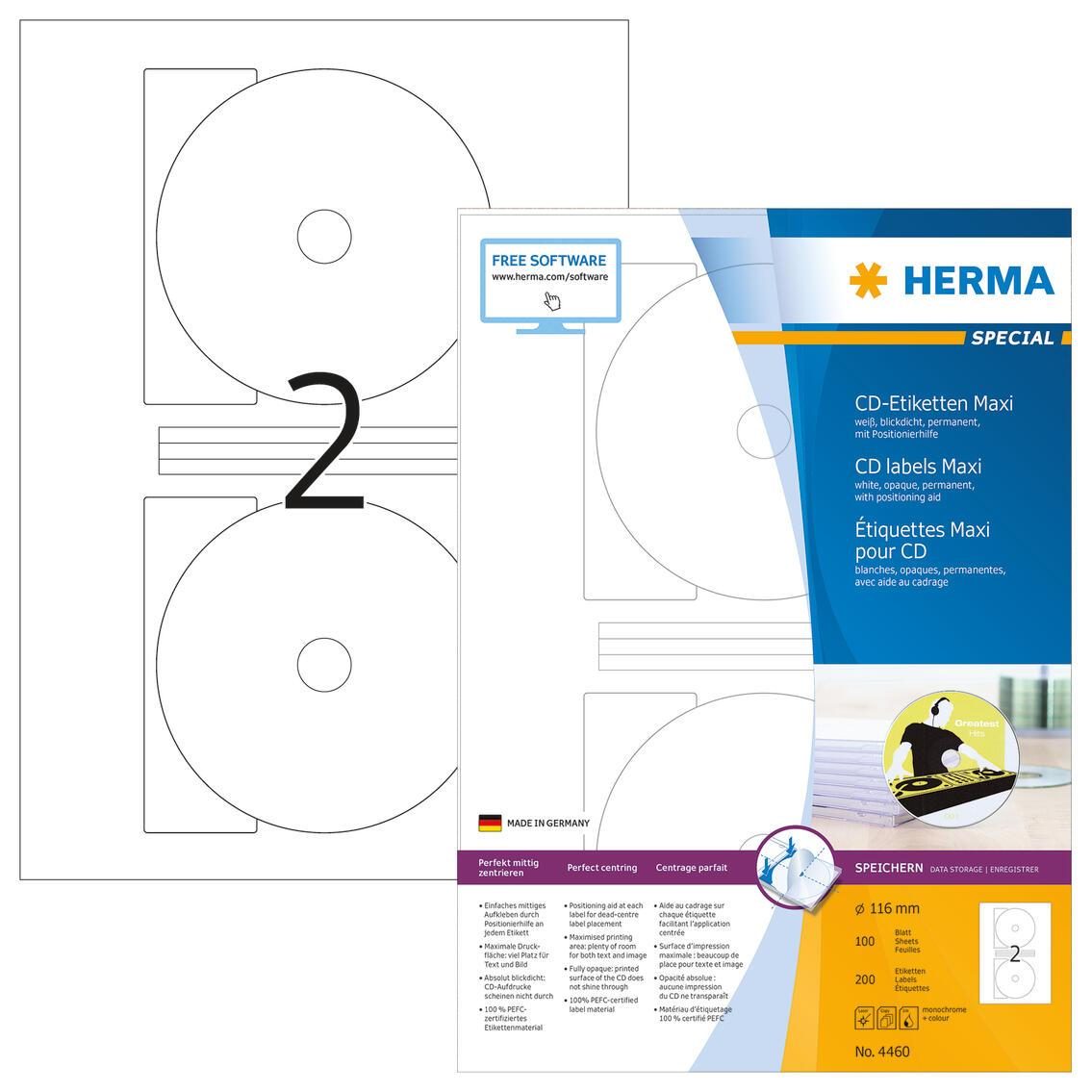 HERMA CD-Etiketten CD-Etik. Maxi, Ø 116 mm 4460 weiß von HERMA